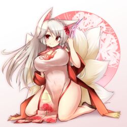  absurdres animal_ears black_footwear breasts china_dress chinese_clothes commentary_request dress female floral_background floral_print flower flower_knight_girl fox_ears fox_girl fox_tail full_body hair_flower hair_ornament higanbana_(flower_knight_girl) highres kitsune kneeling kyuubi large_breasts long_hair looking_at_viewer multiple_tails name_connection object_namesake ofuda pelvic_curtain red_eyes red_flower shoes side_slit smile solo spider_lily spider_lily_print tail tylwing white_hair 