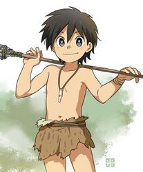  1boy black_hair bright_pupils commentary_request cowboy_shot doraemon doraemon:_nobita_no_nihon_tanjou grey_eyes komejiru_tatsunoshin kukuru_(doraemon) loincloth looking_at_viewer male_focus over_shoulder polearm smile solo spear weapon weapon_over_shoulder 