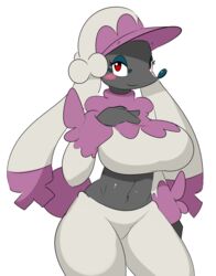  2015 alpha_channel anthro anthrofied blush breasts canid canine clothed clothing colliefleur elpatrixf female furfrou generation_6_pokemon hat headgear headwear looking_at_viewer mammal matron_trim_furfrou midriff navel nintendo pokemon pokemon_(species) pokemorph red_eyes simple_background smile solo transparent_background 