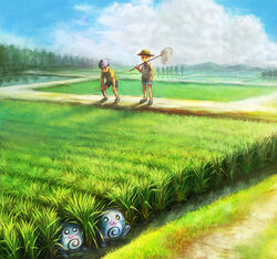  2boys baseball_cap blue_shorts bug_catcher_(pokemon) butterfly_net cloud commentary_request day grey_tank_top hand_net hands_on_own_knees hat holding holding_butterfly_net inumura_(inu_noya) mountain multiple_boys outdoors photoshop_(medium) pokemon pokemon_(creature) pokemon_hgss poliwag shirt short_sleeves shorts sky squatting standing tank_top tree yellow_shirt youngster_(pokemon) 