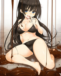  bikini black_bikini black_hair blue_eyes blush chocolate commentary_request female flower hair_flower hair_ornament kawakami_masaki legs licking long_hair looking_at_viewer navel open_mouth saten_ruiko solo string_bikini swimsuit toaru_kagaku_no_railgun toaru_majutsu_no_index tongue very_long_hair 