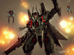  alien artist_name assault_visor battle benedickbana choujikuu_yousai_macross commentary dated energy_cannon english_commentary explosion glowing glowing_eye green_visor gunpod highres macross mecha mecha_focus photoshop_(medium) redesign regult robot robotech roundel science_fiction signature u.n._spacy variable_fighter vf-1 vf-1_super vf-1j walker_(robot) zentradi 