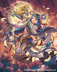  blue_hair blunt_bangs braid brown_eyes cardfight!!_vanguard circlet commentary_request crown female flower full_body hair_ornament hair_rings kneeling long_hair madopen midriff navel official_art outdoors petals photoshop_(medium) resolute_maiden_chitose sandals solo tassel unworn_crown very_long_hair watermark white_legwear 