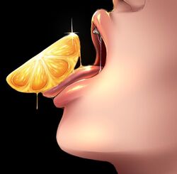  androgynous black_background close-up commentary english_commentary female food food_focus from_side fruit gender_request head_back hizzacked lips nose open_mouth orange_(fruit) orange_slice original saliva solo tongue tongue_out 