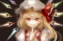  acrylic_paint_(medium) ascot bad_id bad_twitter_id blonde_hair commentary_request crystal female flandre_scarlet hat hat_ribbon index_finger_raised keiko_(mitakarawa) looking_at_viewer mob_cap one-hour_drawing_challenge painting_(medium) puffy_sleeves red_eyes red_ribbon ribbon side_ponytail smile solo touhou traditional_media upper_body wings wrist_cuffs 