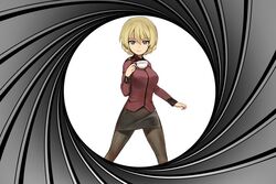  a1 blonde_hair darjeeling girls_und_panzer goldeneye_007 gun_barrel looking_at_viewer parody skirt tea 