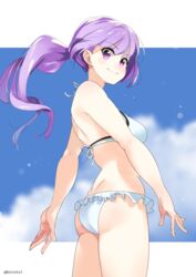  ass bad_id bad_pixiv_id bikini female from_behind kerorira long_hair nishikawa_youko ponytail purple_eyes purple_hair sansha_san&#039;you solo swimsuit 