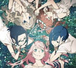  5girls album_cover aqua_eyes black_hair blue_eyes blue_hair blush brown_hair circle_formation closed_eyes commentary_request cover darling_in_the_franxx dress english_text eyeshadow field finger_to_mouth flower flower_field glasses grass green_eyes green_theme hair_flower hair_ornament hair_spread_out hairclip half-closed_eyes highres holding_another&#039;s_hair holding_hands horns ichigo_(darling_in_the_franxx) ikuno_(darling_in_the_franxx) kokoro_(darling_in_the_franxx) light_brown_hair long_hair looking_at_another lying makeup md5_mismatch miku_(darling_in_the_franxx) multiple_girls official_art on_back on_grass on_ground on_stomach open_mouth parted_lips pink_hair red_eyeshadow see-through_dress_layer short_hair shushing sleeping smile twintails yoneyama_mai zero_two_(darling_in_the_franxx) 