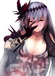  bare_shoulders black_gloves breasts cleavage collarbone commentary_request dark_jeanne dress female gloves granblue_fantasy grey_hair hair_ornament highres jeanne_d&#039;arc_(granblue_fantasy) kojima_(blue_stardust) lace lace-trimmed_gloves lace_trim large_breasts long_hair looking_at_viewer red_eyes smile solo upper_body white_dress 