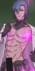  1boy abs belt blue_hair bottomless censored charimei commentary_request gloves glowing glowing_nipples highres kill_la_kill lab_coat male_focus mikisugi_aikurou muscular nudist_beach_uniform photoshop_(medium) solo topless_male utility_belt 