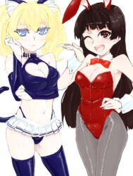  2girls :&lt; ;d animal_ears black_hair blonde_hair blue_eyes blush bow bowtie breasts bridal_gauntlets brown_eyes cat_ears cleavage_cutout clothing_cutout commentary_request crop_top detached_collar himenokouji_akiko long_hair medium_breasts meshiya multiple_girls nasuhara_anastasia one_eye_closed onii-chan_dakedo_ai_sae_areba_kankeinai_yo_ne open_mouth panties pantyhose playboy_bunny rabbit_ears simple_background smile tail thighhighs twintails underwear white_background wrist_cuffs 