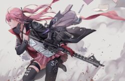  791_(meiyuewudi) ar-15 armor assault_rifle bag black_thighhighs blue_eyes breasts character_name chinese_commentary choker closed_mouth collarbone commentary_request dress female floating_hair from_side gas_mask girls&#039;_frontline gloves grey_background gun hair_ornament half-closed_eyes highres holding holding_gun holding_weapon jacket jacket_tug light_smile long_hair looking_afar mask mid-stride multicolored_hair open_bag pink_gloves pink_hair ponytail rifle running scarf scope sidelocks simple_background single_thighhigh small_breasts solo st_ar-15_(girls&#039;_frontline) st_ar-15_(mod3)_(girls&#039;_frontline) strap streaked_hair thigh_strap thighhighs trigger_discipline weapon weapon_on_back wind wind_lift 