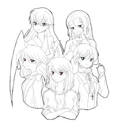  breasts coat genderswap_(mtf) glasses hair_ornament juumonji_tsubasa kain_(kyoukai_no_rinne) kyoukai_no_rinne long_hair masato_(kyoukai_no_rinne) matsugo_(kyoukai_no_rinne) monochrome open_mouth rokudou_rinne rule_63 short_hair smile 