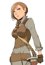  :o arms_at_sides bag belt between_breasts braid breasts brown_belt brown_eyes brown_gloves brown_hair brown_vest clenched_hand commentary_request cowboy_shot dress enami_katsumi female from_side gloves grey_dress hair_over_shoulder high_collar hip_focus isekai_shokudou large_breasts lipstick long_hair long_sleeves looking_away looking_to_the_side loose_belt makeup open_mouth pink_lips pleated_dress ribbon sarah_gold sheath sheathed shoulder_bag simple_background single_braid sleeves_rolled_up solo standing strap_between_breasts surprised swept_bangs sword vest weapon white_background 