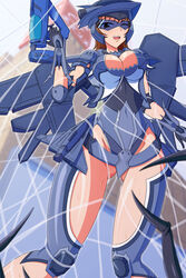  armor ass ass_visible_through_thighs bracer breasts brown_hair bug city cleavage covered_navel earth_defense_force earth_defense_force_2025 feet_out_of_frame female gloves gun headgear helmet highres long_hair mechanical_wings medium_breasts open_mouth pauldrons shoulder_armor silk solo spider spider_web weapon wing_diver wings worried wrapped_up 