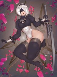  2019 2b_(nier:automata) alexi_ansell american_beauty black_blindfold black_hairband blindfold boots breasts cleavage_cutout clothing_cutout commentary covered_eyes english_commentary feather-trimmed_sleeves female full_body hairband high_heel_boots high_heels highleg highleg_leotard highres holding holding_sword holding_weapon juliet_sleeves leather leather_boots leotard lips long_sleeves lying medium_breasts mole mole_under_mouth narrow_waist nier:automata nier_(series) no_pants parody petals puffy_sleeves reverse_grip signature skindentation solo stiletto_heels sword thigh_boots thighhighs thighhighs_under_boots thighs vambraces virtuous_treaty weapon white_hair white_leotard 