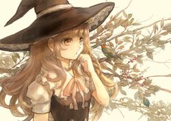  :o acrylic_paint_(medium) bad_id bad_twitter_id bird blonde_hair commentary european_robin female frilled_shirt_collar frills hat keiko_(mitakarawa) kirisame_marisa long_hair neck_ribbon painting_(medium) plant puffy_short_sleeves puffy_sleeves ribbon short_sleeves solo symbol-only_commentary touhou traditional_media upper_body witch_hat yellow_eyes 