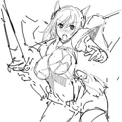  armor ass_visible_through_thighs blush bracer breasts cleavage earth_defense_force earth_defense_force_2025 female full_body gloves greyscale gun looking_at_viewer mechanical_wings medium_breasts monochrome navel open_mouth pauldrons shoulder_armor simple_background unfinished weapon wing_diver wings 