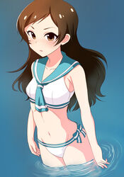  bikini blush brown_eyes brown_hair commentary_request female idolmaster idolmaster_million_live! kitazawa_shiho long_hair momoda_yasuhito navel sailor_bikini sailor_collar sailor_swimsuit_(idolmaster) solo swimsuit wading 