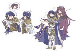  1boy alfonse_(fire_emblem) armor bad_id bad_twitter_id blonde_hair blue_eyes blue_hair blush breasts cape cleavage closed_eyes closed_mouth commentary dress earrings female fire_emblem fire_emblem_heroes floating flower gradient_hair hair_ornament hat holding holding_paper jewelry loki_(fire_emblem) long_hair looking_at_another multicolored_hair murabito_ba open_mouth paper purple_dress purple_eyes purple_hair scale_armor signature simple_background smile very_long_hair white_background 