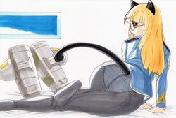  animal_ears ass bad_id bad_pixiv_id black_pantyhose blonde_hair cat_ears cat_girl cat_tail feet female glasses hayami_jin highres long_hair looking_back military military_uniform open_mouth panties panties_under_pantyhose pantyhose perrine_h._clostermann strike_witches striker_unit striped_clothes striped_panties tail underwear uniform world_witches_series yellow_eyes 