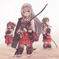  3girls arm_at_side armor armored_boots arrow bangs blush boots bow_(weapon) brown_eyes brown_hair closed_eyes eyebrows eyebrows_visible_through_hair faulds flat_chest flight_deck gradient gradient_background green_eyes green_hair grey_hair hachimaki hair_ribbon hair_tucking hairband hakama_skirt half_updo hand_on_hip headband high_ponytail holding holding_weapon japanese_clothes kantai_collection light_brown_hair long_hair looking_at_viewer looking_away miko multiple_girls muneate nanashina parted_bangs pleated_skirt profile quiver red_skirt ribbon shoukaku_(kantai_collection) single_glove skirt smile stabbed standing swept_bangs thigh_boots thighhighs torpedo twintails wading water weapon wind yugake zuihou_(kantai_collection) zuikaku_(kantai_collection) 