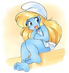  barefoot blonde_hair blue_eyes blue_skin dress feet female hat long_hair oyatsu_(mk2) smile smurfette soles solo the_smurfs thighs toes 