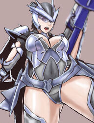  armor ass ass_visible_through_thighs black_hair bracer breasts cleavage covered_navel cowboy_shot earth_defense_force earth_defense_force_2025 female gloves gun headgear helmet mechanical_wings medium_breasts open_mouth pauldrons short_hair shoulder_armor simple_background solo thighs weapon wing_diver wings 