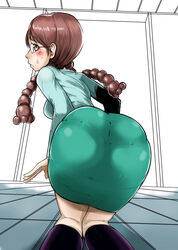  ass back bent_over blush braid breasts brown_hair character_request chibi_maruko-chan female from_behind glasses honami_tamae huge_ass kneeling long_hair looking_back pantylines perspective pov simple_background skin_tight skindentation skirt solo stockings sweat taut_clothes the_golden_smurf thighhighs twin_braids twintails wide_hips 