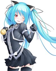  ???? artist_request bell blue_hair cat_ears chains female gloves hatsune_miku oerba_yun_fang one_eye_closed one_eye_open open_mouth paw_pose red_eyes ribbon ribbons simple_background skirt solo thighhighs twintails vocaloid white_background wink 