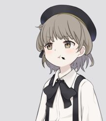  beret black_bow black_hat black_ribbon blush bow brown_eyes brown_hair cheek_squash collared_shirt commentary cursor female flower grey_background hat hatoba_tsugu instant_(ioarthus) looking_to_the_side mole mole_under_eye open_mouth ribbon rose shirt simple_background solo suspenders tsugu_(vtuber) upper_body virtual_youtuber white_flower white_rose white_shirt 