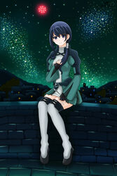  belt blue_eyes blue_hair blush building commentary_request female fingerless_gloves gloves hai_to_gensou_no_grimgar hair_between_eyes highres house legs light_smile long_hair looking_at_viewer merry_(grimgar) night night_sky nihility photoshop_(medium) shoes sitting sky star_(sky) thighhighs tree village wall white_legwear 