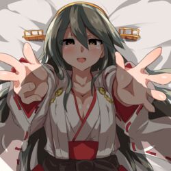  :d bed_sheet breasts brown_eyes cleavage commentary_request detached_sleeves female grey_hair hairband haruna_(kancolle) heart heart-shaped_pupils kantai_collection large_breasts long_hair looking_at_viewer lying nontraditional_miko open_mouth pov senshiya shade smile solo symbol-shaped_pupils 