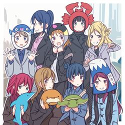  6+girls :d :o animal_hood aqua_eyes ayasaka bad_id bad_twitter_id black_coat black_hair black_jacket blonde_hair blue_coat blue_eyes blue_hair blue_jacket blush braid brown_hair clenched_hands coat commentary_request crab_hood crown_braid fish_hood grey_hair grey_jacket grin group_picture hair_bun hair_rings hands_up holding holding_stuffed_toy hood jacket kunikida_hanamaru kurosawa_dia kurosawa_ruby long_hair long_sleeves looking_at_viewer love_live! love_live!_sunshine!! matsuura_kanan mole mole_under_mouth mountain_hood multiple_girls ohara_mari open_mouth orange_hair penguin_hood ponytail purple_eyes red_eyes red_hair sakurauchi_riko short_hair single_side_bun smile stuffed_animal stuffed_dolphin stuffed_toy stuffed_turtle stuffed_walrus takami_chika tsushima_yoshiko two_side_up watanabe_you winter_clothes 