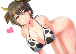  all_fours animal_ears animal_print bare_shoulders bikini bikini_top_only black_hair blush bottomless breasts brown_eyes cleavage commentary_request cow_ears cow_girl cow_horns cow_print female gaichi horns idolmaster idolmaster_cinderella_girls large_breasts looking_at_viewer oikawa_shizuku short_hair smile solo swimsuit 