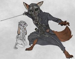  2017 absurd_res anothercolouranon anthro arkane_studios barefoot black_pawpads canid canine choker claws crossover dipstick_tail dishonored disney duo ears_down feet female fox fur green_eyes hi_res holding_melee_weapon holding_object holding_sword holding_weapon inner_ear_fluff jewelry judy_hopps kneeling lagomorph leporid male mammal markings mask melee_weapon microsoft multicolored_tail necklace nick_wilde pawpads pivoted_ears purple_eyes rabbit rapier red_fox size_difference standing sword tail tail_markings toe_claws true_fox tuft weapon ziegelzeig zootopia 