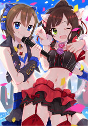  2girls ;d animal_ear_headphones animal_ears asterisk_(idolmaster) blue_eyes blush breasts brown_hair cat_ear_headphones cat_ears cat_tail commentary detached_collar etsuo fake_animal_ears frilled_skirt frills garter_straps green_eyes hair_ornament headphones highres idolmaster idolmaster_cinderella_girls jewelry long_hair looking_at_viewer maekawa_miku microphone multiple_girls navel necklace oerba_yun_fang one_eye_closed open_mouth over_the_collar_(idolmaster) paw_pose ponytail red_legwear short_hair skirt small_breasts smile strapless symbol-only_commentary tada_riina tail thighhighs tube_top 