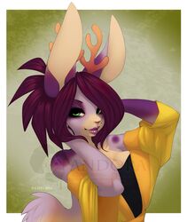  anthro antlers big_breasts breasts clothed clothing distracting_watermark female hi_res horn jackalope lagomorph lips looking_at_viewer mammal pandora_(artist) simple_background solo thick_lips watermark 