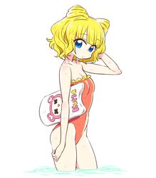  blonde_hair blue_eyes casual_one-piece_swimsuit chan_co character_print commentary_request cone_hair_bun cowboy_shot double_bun female frilled_one-piece_swimsuit frills from_side hair_bun kickboard kuma_(pripara) minami_mirei one-piece_swimsuit orange_one-piece_swimsuit pretty_series pripara short_hair simple_background solo swimsuit wading water wet white_background 