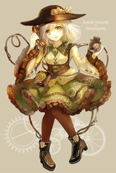  :d acrylic_paint_(medium) bad_id bad_twitter_id black_footwear character_name commentary english_text engrish_text eyeball female floral_print flower full_body green_eyes green_skirt hat hat_flower keiko_(mitakarawa) komeiji_koishi long_sleeves looking_at_viewer open_mouth painting_(medium) pantyhose phone ranguage shoes short_hair skirt smile solo steampunk third_eye touhou traditional_media white_hair wide_sleeves 