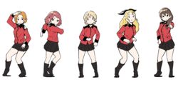  5girls assam_(girls_und_panzer) black_footwear black_skirt blonde_hair boots braid brown_hair commentary_request dancing darjeeling_(girls_und_panzer) epaulettes girls_und_panzer hisone_to_masotan jacket le_temps_de_la_rentree_(hisone_to_masotan) long_hair long_sleeves miniskirt multiple_girls nexas orange_hair orange_pekoe_(girls_und_panzer) parody pleated_skirt red_hair red_jacket rosehip_(girls_und_panzer) rukuriri_(girls_und_panzer) short_hair single_braid skirt st._gloriana&#039;s_military_uniform white_background 