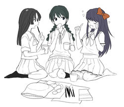  3girls ageha_(kyoukai_no_rinne) black_hair blue_eyes breasts closed_eyes eating grey_eyes hair_ornament heart kyoukai_no_rinne long_hair mamiya_sakura multiple_girls open_mouth pocky purple_hair ribbon school_uniform shima_renge skirt socks thighhighs 