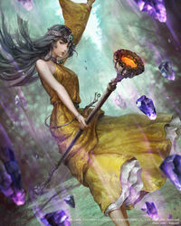  arm_up artist_name black_hair blurry blurry_background bracelet circle commentary_request copyright_name day detached_sleeves dress feet_out_of_frame female final_fantasy forehead_jewel forest gem green_gemstone grey_eyes holding holding_staff jewelry looking_at_viewer minea_(dq4) mobius_final_fantasy nature official_art outdoors rakuen_(nethvn) single_sleeve staff watermark yellow_dress 