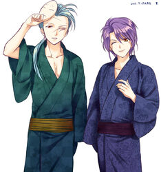  2boys blue_hair chichiri_(fushigi_yuugi) commentary_request dated fushigi_yuugi japanese_clothes kimono lips long_hair looking_at_viewer male_focus mask mole mole_under_eye multiple_boys nuriko_(fushigi_yuugi) one_eye_closed scar smile yellow_eyes yukata yuzuki_kaoru 