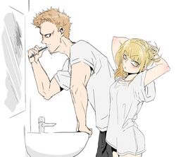  1boy bangs blonde_hair blunt_bangs boku_no_hero_academia bubaigawara_jin female messy_hair shorts t-shirt toga_himiko yellow_eyes 