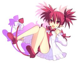  :o bare_legs bow commentary_request cosplay demon_tail disgaea earrings etna_(disgaea) female flonne flonne_(cosplay) flonne_(fallen_angel) full_body heart heart_earrings jewelry leotard lololotton makai_senki_disgaea oerba_yun_fang pointy_ears red_bow red_eyes red_hair red_leotard short_hair slit_pupils solo spiked_hair tail tail_bow tail_ornament twintails white_background white_bow 