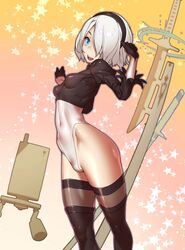  2b_(nier:automata) android asymmetrical_bangs black_footwear black_gloves black_hairband black_thighhighs blue_eyes boots breasts commentary_request drone elbow_gloves feather-trimmed_sleeves female floating floating_object floating_sword floating_weapon gloves hair_over_one_eye hairband highleg highleg_leotard highres hip_focus huge_weapon juliet_sleeves leotard long_sleeves looking_at_viewer nier:automata nier_(series) no_blindfold open_mouth petite pod_(nier:automata) puffy_sleeves short_hair shrug_(clothing) skin_tight small_breasts smile solo_focus standing star_(symbol) starry_background sword teeth thigh_boots thighhighs thighhighs_under_boots thighs tomoyuki_kotani upper_teeth_only virtuous_contract virtuous_treaty weapon white_hair white_leotard 