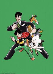  2boys bad_id bad_twitter_id bird black_hair bokko_(wonder_three) brothers clenched_hand duck formal full_body green_background horse hoshi_kouichi hoshi_shin&#039;ichi_(wonder_three) multiple_boys necktie nokko_(wonder_three) official_art pukko_(wonder_three) rabbit red_scarf running scarf shirt siblings simple_background striped_clothes striped_necktie striped_shirt suit tezuka_osamu_(style) tsunogai watermark wonder_three 