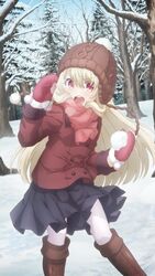  beanie blonde_hair boots fate/kaleid_liner_prisma_illya fate_(series) gloves hair_between_eyes hat illyasviel_von_einzbern jacket mittens official_art open_mouth outdoors red_eyes scarf skirt snow snowball tree visible_breath 