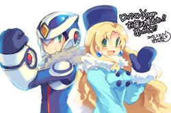  1boy android blonde_hair blue_coat blush breasts buttons coat commentary_request copyright_name dated earrings female fur_hat fur_trim gloves green_eyes hat helmet iroyopon jewelry kalinka_cossack_(mega_man) long_hair mega_man_(series) open_mouth over-1_(mega_man) rockman_xover signature simple_background smile ushanka white_background 